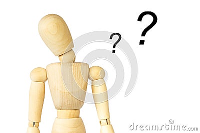 Wooden puppet tilt neck and doubt . Isolated background . Blank area at left side for fill your text . Stock Photo