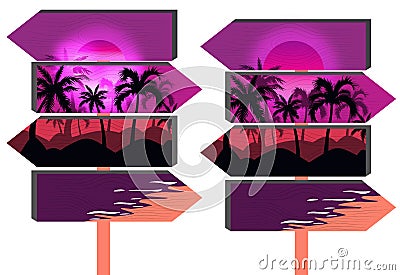 Wooden purple beach signs with palm trees and vibrant pink sky Vector Illustration