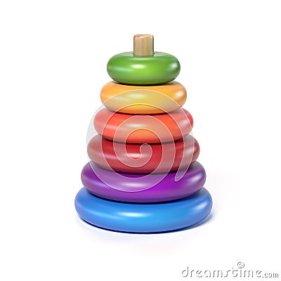 Wooden pyramid children`s toy made of colorful rings 3d rendering Cartoon Illustration