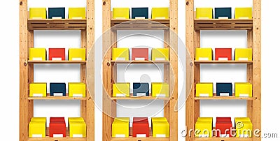 Wooden rack filled with colored boxes, showcase. Stock Photo