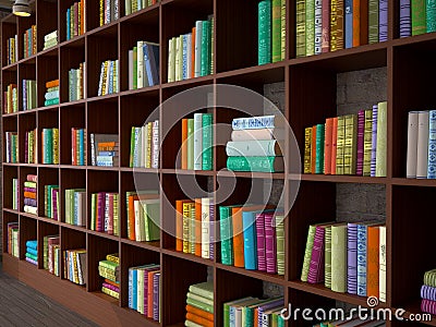 Wooden racks with different books. Library. Cartoon Illustration