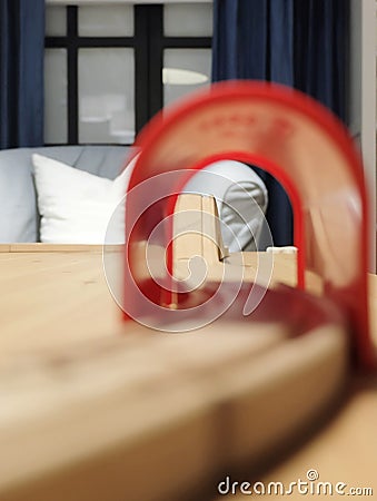 Wooden Rail of Toy Train with Tunnel Stock Photo