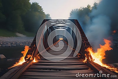 Wooden Railroad Bridge on Fire Over River in Forest near Railroad Tracks with Flames on Both Sides Stock Photo