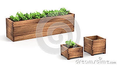 Wooden Raised Garden Beds. 3D Rendering Stock Photo