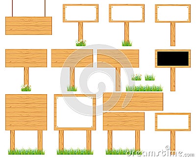 Wooden realistic display signboards standing on the grass or . Vector Illustration