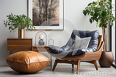 Wooden recliner chair with blue leather cushion near cabinet and side table against white wall with poster frame. Scandinavian or Stock Photo