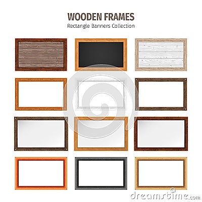 Wooden Rectangle Banners Set Vector Illustration