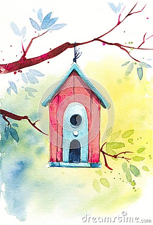 Wooden red birdhouse on a tree branch, spring watercolor illustration Cartoon Illustration