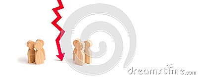 A wooden red chart arrow down divides the two groups discussing the case. Termination and breakdown of relations, breaking ties. C Stock Photo