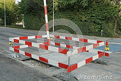 Wooden red and white barrier planks of civil engineering arrange to square shape. Stock Photo