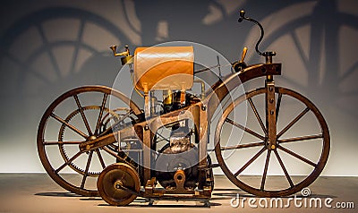Wooden retro motorcycle. 1985 Motorcycle model. First motorcycle made in Germany by Daimler Editorial Stock Photo