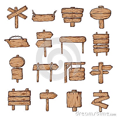 Wooden road signs and pointers set for information Vector Illustration