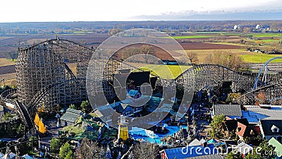 Theme park panoramic view Icelandic area with wooden coaster Editorial Stock Photo