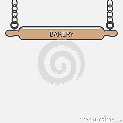 Wooden rolling pin plunger hanging on chain. Bakery signboard Flat design Vector Illustration