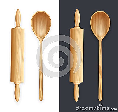 Wooden rolling pin and spoon for dough. Vector illustration. Vector Illustration