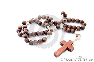 Wooden rosary on white Stock Photo