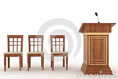 Wooden Rostrum Stand with Microphone and three chairs Stock Photo