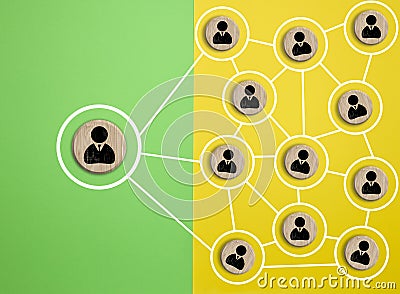 Wooden round block with staff icon which link connection network for organisation structure social network and teamwork concept, Stock Photo