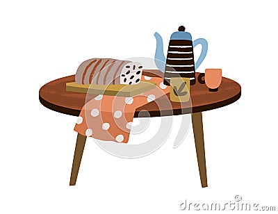 Wooden round coffee table with teapot, tea cup and cake for cozy home interior design. Modern stylish homey rustic wood Vector Illustration