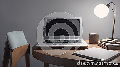 on wooden round desktop, a laptop, a table lamp, a cup and notebooks Stock Photo