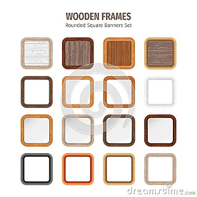 Wooden Rounded Square Banners Set Vector Illustration