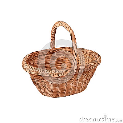 Wooden rounded wicker basket from splash of watercolors, colored drawing, realistic Vector Illustration