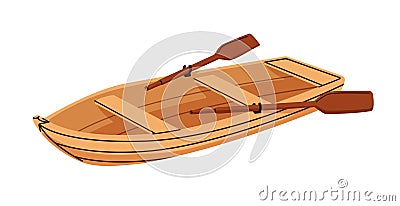 Wooden rowing boat with paddles. Lake and river vessel with oar. Small wood vehicle, water transport with seats for Vector Illustration