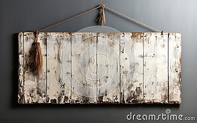 A wooden rustic board sign hanging from a rope on a wall Stock Photo