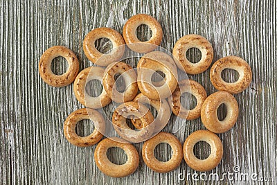 Wooden rustic table with national russian bagels Stock Photo