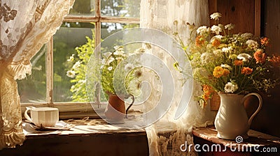 Wooden rustic window with lace curtain on a sunny day. Generative AI Stock Photo