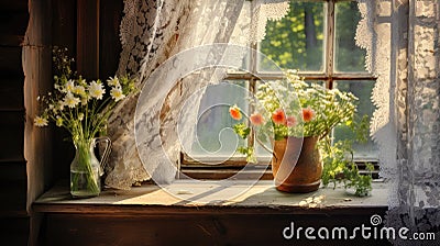 Wooden rustic window with lace curtain on a sunny day. Generative AI Stock Photo