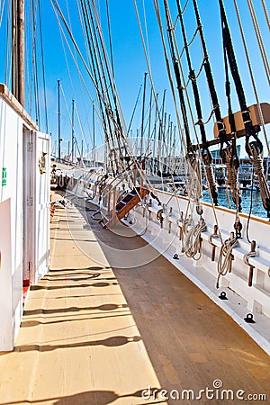 Wooden sailboat deck Stock Photo