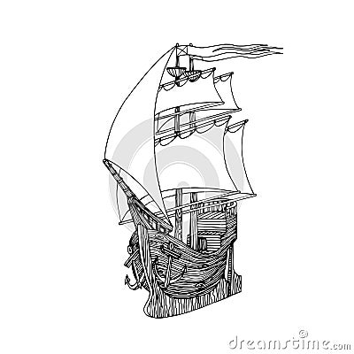 Wooden sailboat made of boards with masts, anchors & sails, symbol of youth dreams & romantic Vector Illustration
