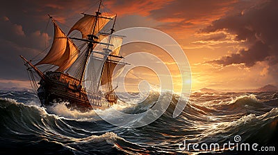Wooden sailing ship in a stormy ocean Cartoon Illustration