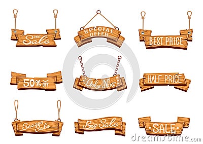 Wooden sale banners. Season sales, vintage wood sign boards. Discount price labels with shopping special offer cartoon Vector Illustration