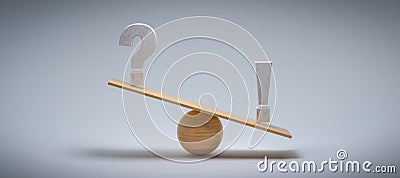 Wooden scale balancing a question mark and an exclamation mark tipping more the right side - 3d illustration Cartoon Illustration