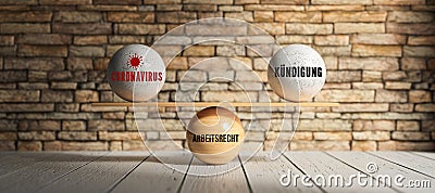 Wooden scale balancing spheres with German words for CORONAVIRUS, CANCELLATION and LABOR LAW - 3D rendered illustration Cartoon Illustration