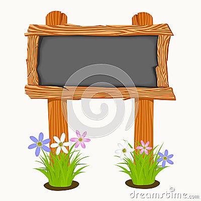 Wooden school board with flowers and butterflies. Vector Illustration