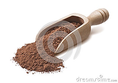 Wooden scoop with crude cocoa powder isoladed on white background Stock Photo