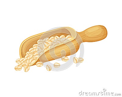 Wooden scoop with oat flakes. Oat grains in a wooden spatula. A large wooden spoon with oats. Vector illustration Vector Illustration