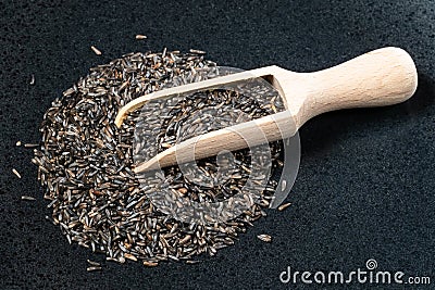 Wooden scoop on pile of niger seeds on black Stock Photo