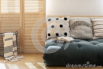 Scandinavian futon with pillows in spacious living room interior of modern apartment Stock Photo