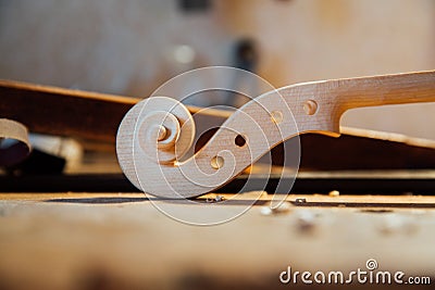 Wooden scroll detail of the head of the violin. Raw wood, texture. Against the background of workshop. Stock Photo