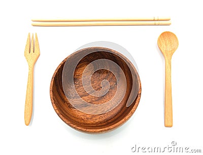 Wooden circle bowl with fork and spoon. chopstick made from bamboo wood isolated on white background. kitchenware equipment handma Stock Photo