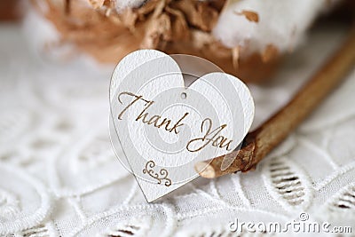 Wooden shaped heart with written word thank you on it Stock Photo