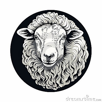 Art Nouveau Inspired Sheep Icon In Black And White Cartoon Illustration