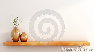 A wooden shelf adorned with a pair of elegant vases, adding a touch of sophistication to the interior design Stock Photo