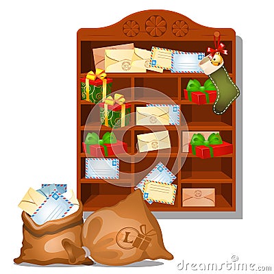 Wooden shelf Santa Claus with Christmas gifts and parcels isolated on a white background. Vector cartoon close-up Vector Illustration