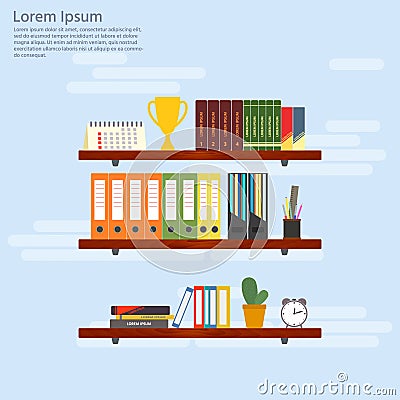 Wooden shelves with books and folders. Office interior in flat d Vector Illustration
