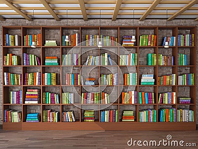 Wooden shelves in the room with different books. Cartoon Illustration